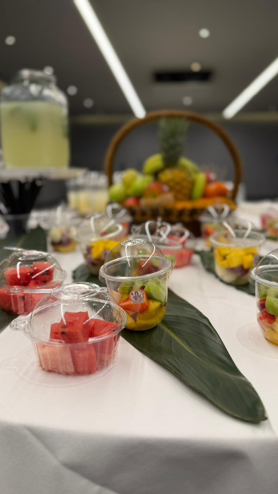 Copos individuais de fruta cortada num coffee break July